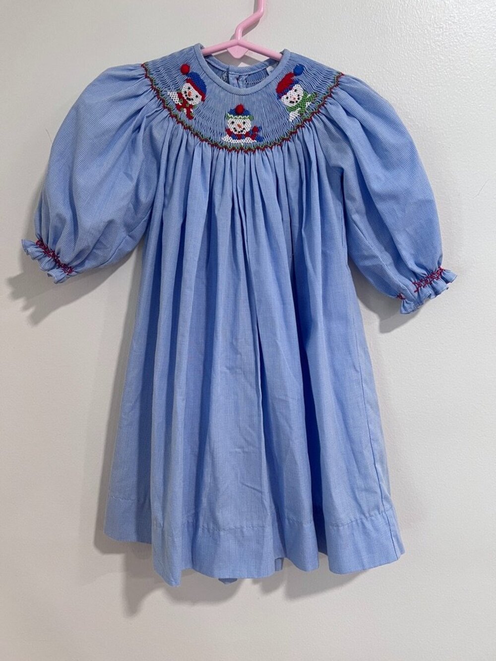 Blue Gingham Smocked Snowman Dress